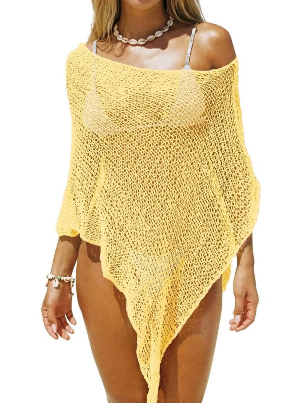 Women's Yellow Sheer Crochet Mesh Beach Cover Up Batwing Boho Swimwear Top